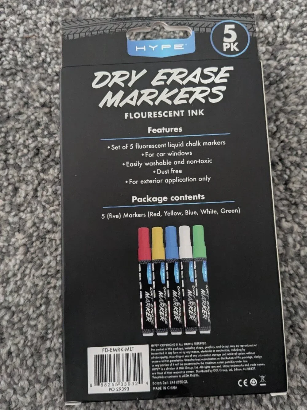 HYPE Dry Erase Window Markers 5-Pack For Car Windows Florescent Neon (NIB) MQA